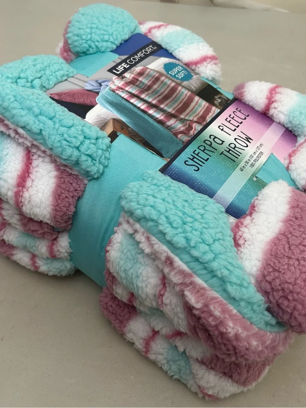 Life Comfort Kids Sherpa Fleece Throw Blanket Pink and Teal Super Soft 40x50in